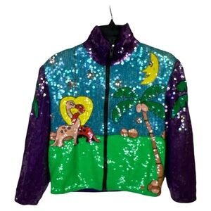 RARE VTG DINO LOVE SEQUIN ZIP UP JACKET WITH POCKETS